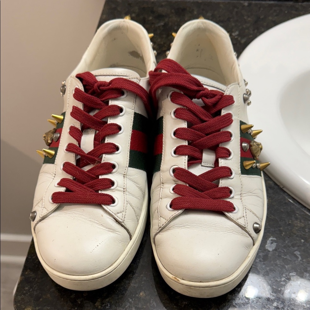 Gucci White Sneakers with Red Laces and Gold Studs
